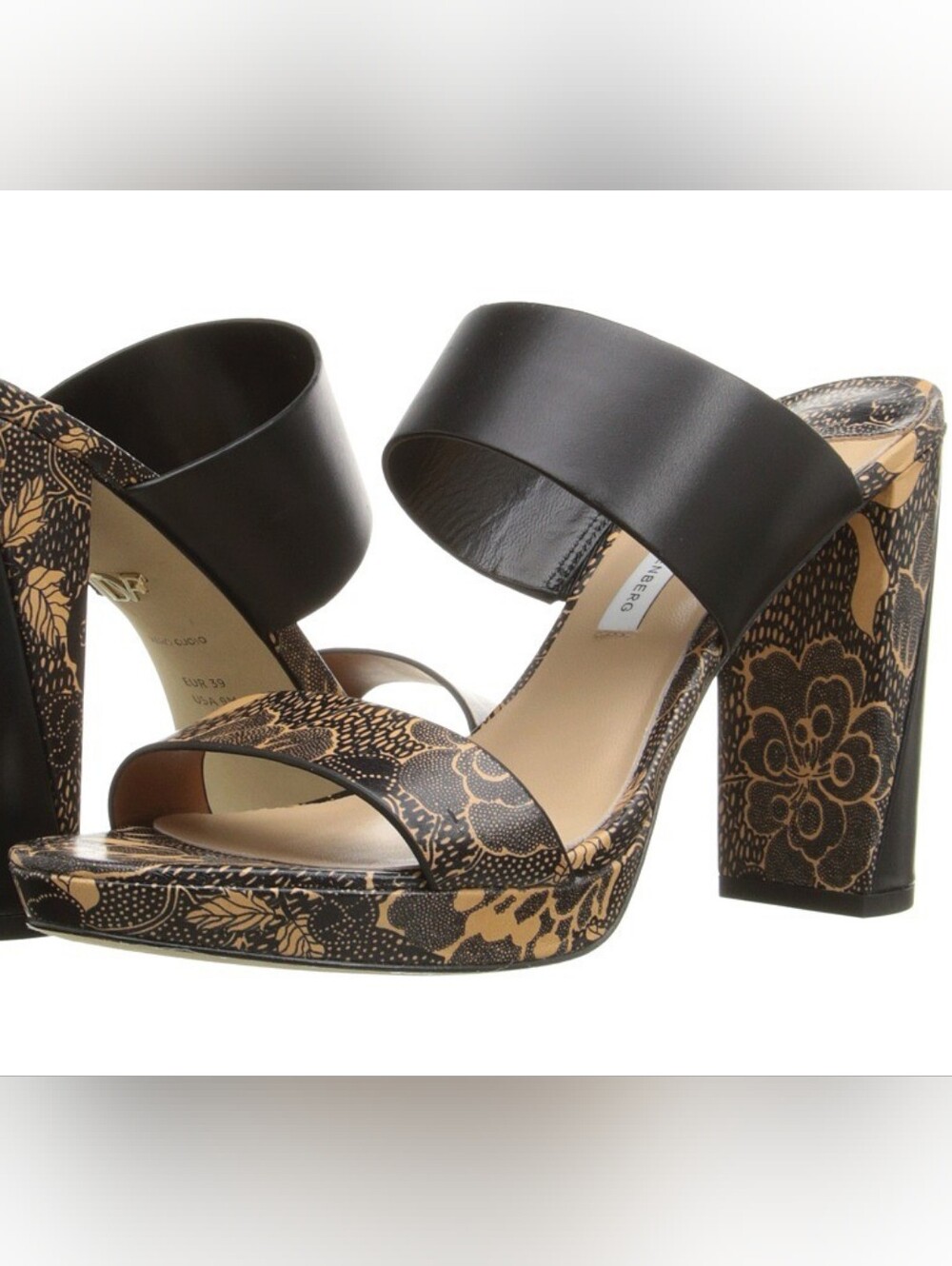 Diane von Furstenberg Bruges Black & Rust Floral Print Slide Heels Size 7